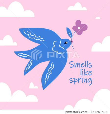 A spring Easter card with a flying bird with a flower in its beak, it smells like spring A spring Easter card with a flying bird with a flower in its beak, it smells like spring 137261505