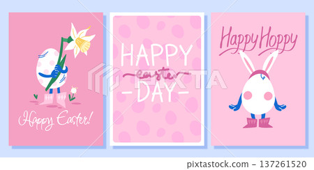 A set of Easter greeting cards in pink tones, hand lettering, eggs with flowers, in a bunny costume 137261520