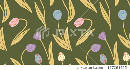 Rich spring pattern with Easter flowers, multicolored tulips on green Rich spring pattern with Easter flowers, multicolored tulips on green 137261535