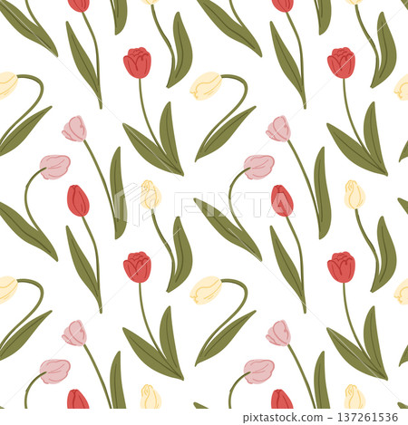 Seamless pattern of tulips field on white, lush spring buds with green stems and leaves for fabric, Easter paper and clothing Seamless pattern of tulips field on white, lush spring buds with green stems and leaves for fabric, Easter paper and clothing 137261536