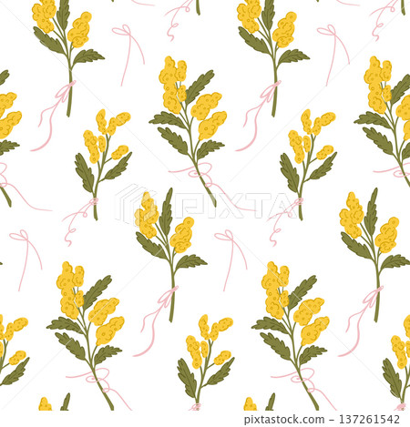 Spring Easter pattern with primroses, bouquets of yellow fragrant mimosa tied with pink ribbons 137261542