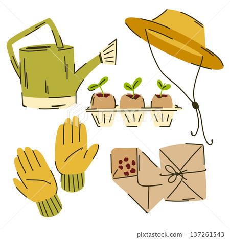 A beginner gardening kit, including a Panama hat, a watering can, seedlings in eggshells, garden gloves, and seeds for planting. A beginner gardening kit, including a Panama hat, a watering can, seedlings in eggshells, garden gloves, and seeds for planting. 137261543