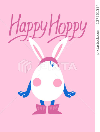 Happy Easter greeting card with a Happy Hoppy character wearing bunny ears and boots on a pink background Happy Easter greeting card with a Happy Hoppy character wearing bunny ears and boots on a pink background 137261554