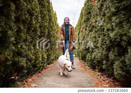 Smiling woman walking yellow labrador dog on outdoor path 137261660