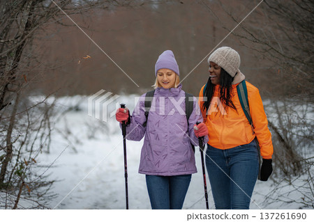 Diverse friends enjoying winter hike with trekking poles 137261690