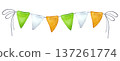 Watercolor Irish garland of flags waving downwind. Saint Patrick's Day. National colors green white orange. Hand drawn illustration isolated background. For postcard, invitation, printing, wrapping 137261774