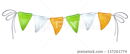 Watercolor Irish garland of flags waving downwind. Saint Patrick's Day. National colors green white orange. Hand drawn illustration isolated background. For postcard, invitation, printing, wrapping Watercolor Irish garland of flags waving downwind. Saint Patrick's Day. National colors green white orange. Hand drawn illustration isolated background. For postcard, invitation, printing, wrapping 137261774