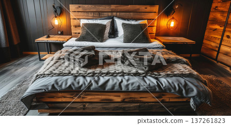 Cozy spring interior with a natural wood bed and warm lighting in a tranquil bedroom setting Cozy spring interior with a natural wood bed and warm lighting in a tranquil bedroom setting 137261823