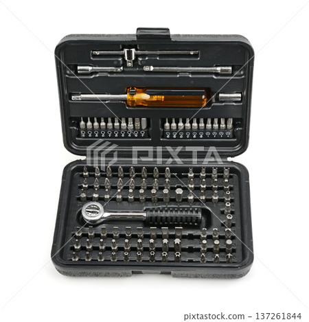 Professional toolkit for hardware maintenance featuring ratchet driver screwdriver handle assortment of bits extensions adapters organized in compact black case on white backdrop Professional toolkit for hardware maintenance featuring ratchet driver screwdriver handle assortment of bits extensions adapters organized in compact black case on white backdrop 137261844