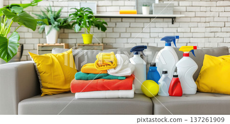 Cleaning supplies arranged in a cozy room for effective home maintenance and organization Cleaning supplies arranged in a cozy room for effective home maintenance and organization 137261909