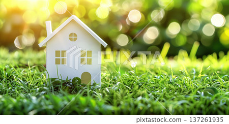 Home cleaning concept with a small model house in a lush green setting at sunset Home cleaning concept with a small model house in a lush green setting at sunset 137261935