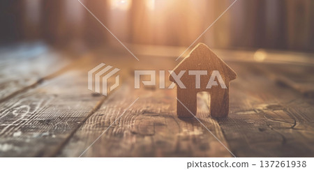 Wooden house figurine on rustic surface with warm sunlight creating a cozy home atmosphere 137261938