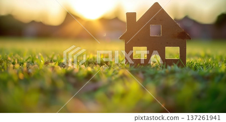 Set in a calm evening, a small model house stands on lush green grass Set in a calm evening, a small model house stands on lush green grass 137261941