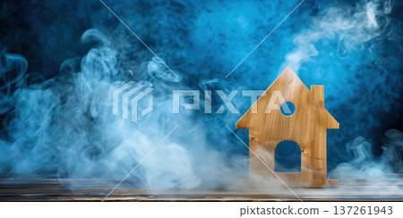 Wooden house model surrounded by smoke creating a unique home and cleaning concept Wooden house model surrounded by smoke creating a unique home and cleaning concept 137261943