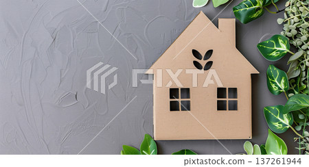 Clean and organized home decor featuring house shape and greenery for a fresh atmosphere Clean and organized home decor featuring house shape and greenery for a fresh atmosphere 137261944