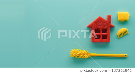 Creative house cleaning tools arranged on a turquoise background for home cleaning concept 137261945