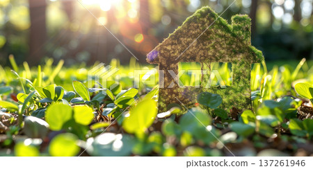 Eco-friendly house surrounded by vibrant greenery in a sunlit environment 137261946