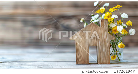 Wooden house symbol and fresh flowers creating a cozy home atmosphere Wooden house symbol and fresh flowers creating a cozy home atmosphere 137261947