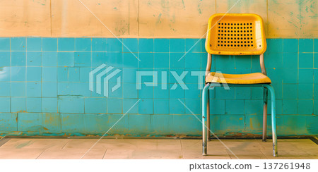 Bright yellow chair against turquoise wall in a clean, furnished room setting Bright yellow chair against turquoise wall in a clean, furnished room setting 137261948