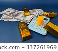 financial planning or investment concept featuring oil barrel, gold bars, US dollar currency, and a calculator. 137261969