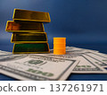 This image represents the correlation between key global commodities and currency, specifically gold, oil barrel, and the US dollar. 137261971