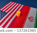 Yellow plastic barrel oil on top United States and Iran flag,geopolitical tensions involving oil. 137261985