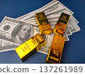 Gold bars displayed on top of United States hundred-dollar bills. 137261989