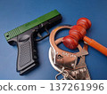 The image features a judge's gavel, handcuffs, and a handgun on a blue background. 137261996