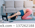 Young Asian sporty attractive people practicing yoga lesson with instructor. Asia group of women exercising healthy lifestyle in fitness studio. Sport activity, gymnastics or ballet dancing class. 137262188