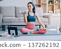 Young Asian sporty attractive people practicing yoga lesson with instructor. Asia group of women exercising healthy lifestyle in fitness studio. Sport activity, gymnastics or ballet dancing class. 137262192