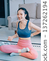 Young Asian sporty attractive people practicing yoga lesson with instructor. Asia group of women exercising healthy lifestyle in fitness studio. Sport activity, gymnastics or ballet dancing class. 137262194