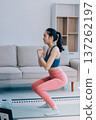 Young Asian sporty attractive people practicing yoga lesson with instructor. Asia group of women exercising healthy lifestyle in fitness studio. Sport activity, gymnastics or ballet dancing class. 137262197
