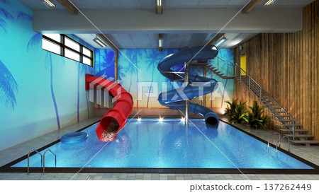 Indoor water park with red and blue slides and tropical mural. Swimming pool with inflatable ring Indoor water park with red and blue slides and tropical mural. Swimming pool with inflatable ring 137262449