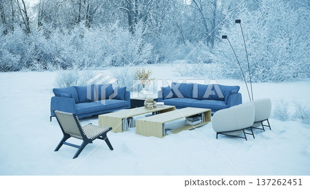 Modern furniture set with blue sofas and wooden tables arranged outdoors in a snowy winter forest Modern furniture set with blue sofas and wooden tables arranged outdoors in a snowy winter forest 137262451