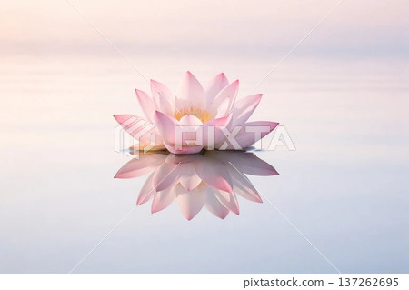 Serene Lotus Flower Floating on Calm Water with Mirror Reflection 137262695
