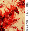 Bright red horse galloping through an ornate toile setting. Movement and vintage charm. 137263063