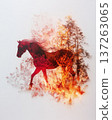 Bright red horse galloping through an ornate toile setting. Movement and vintage charm. 137263065