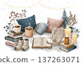 Vector doodle elements: mittens, knitted socks, open books, and blankets. The artwork creates intimate, cozy winter vibes. 137263071