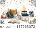 Vector doodle elements: mittens, knitted socks, open books, and blankets. The artwork creates intimate, cozy winter vibes. 137263072