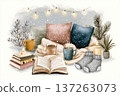 Magical winter hygge set. Soft muted colors convey relaxation and quiet comfort. 137263073