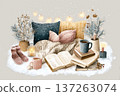 Hand-drawn cozy items. The composition emphasizes warmth, calmness, and winter serenity. 137263074
