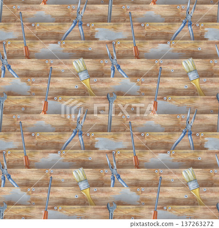 Seamless drawing with working tools on a background of brown wooden panels fastened with self-tapping screws. Watercolor illustration of men's tools for home renovation. Realistic repeating pattern 137263272