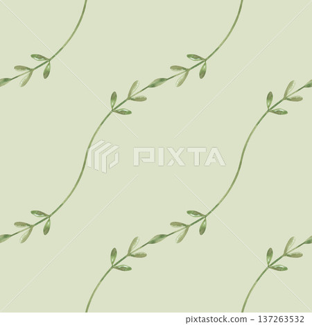 Minimalistic seamless pattern of thin twigs on a light green background. Diagonal botanical ornament with green leaves. Background for wrapping paper, wallpaper, textiles, dishes. Minimalistic seamless pattern of thin twigs on a light green background. Diagonal botanical ornament with green leaves. Background for wrapping paper, wallpaper, textiles, dishes. 137263532