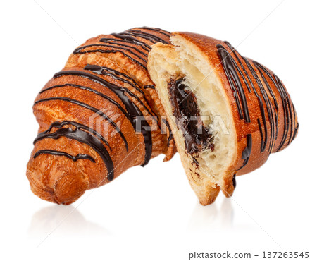 Chocolate Drizzled Croissant with Creamy Filling Isolated on Light Background 137263545