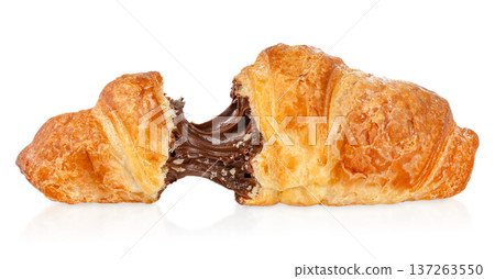 Split Croissant with Melting Chocolate Filling Isolated on Light Background Split Croissant with Melting Chocolate Filling Isolated on Light Background 137263550
