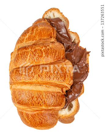 Fresh Croissant Stuffed with Rich Chocolate Cream Isolated on Light Background 137263551