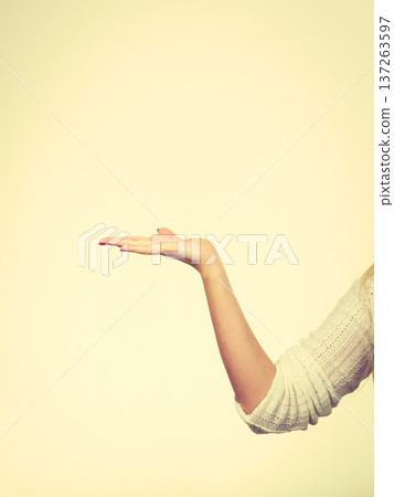 Woman hand holding something on palm hand Woman hand holding something on palm hand 137263597