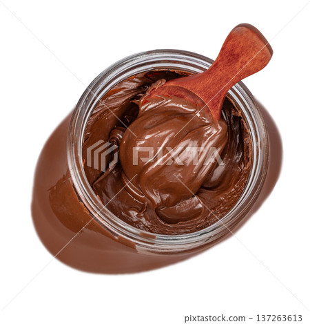 Jar of Chocolate Spread with Wooden Spoon Top View Jar of Chocolate Spread with Wooden Spoon Top View 137263613