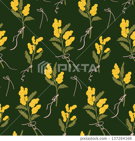Seamless Yellow Wildflower Pattern on Dark Green, Elegant Botanical Floral Repeat with Meadow Flowers in Vintage Cottage Garden Style Seamless Yellow Wildflower Pattern on Dark Green, Elegant Botanical Floral Repeat with Meadow Flowers in Vintage Cottage Garden Style 137264166
