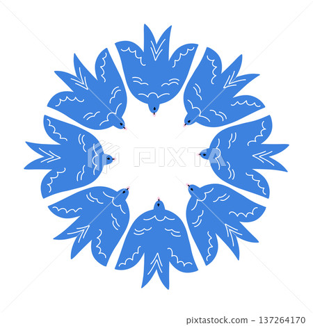 Circular Blue Swallow Wreath, Symmetrical Ornamental Bird Composition in Folk Style, Decorative Radial Arrangement Forming Elegant Spring Emblem Circular Blue Swallow Wreath, Symmetrical Ornamental Bird Composition in Folk Style, Decorative Radial Arrangement Forming Elegant Spring Emblem 137264170